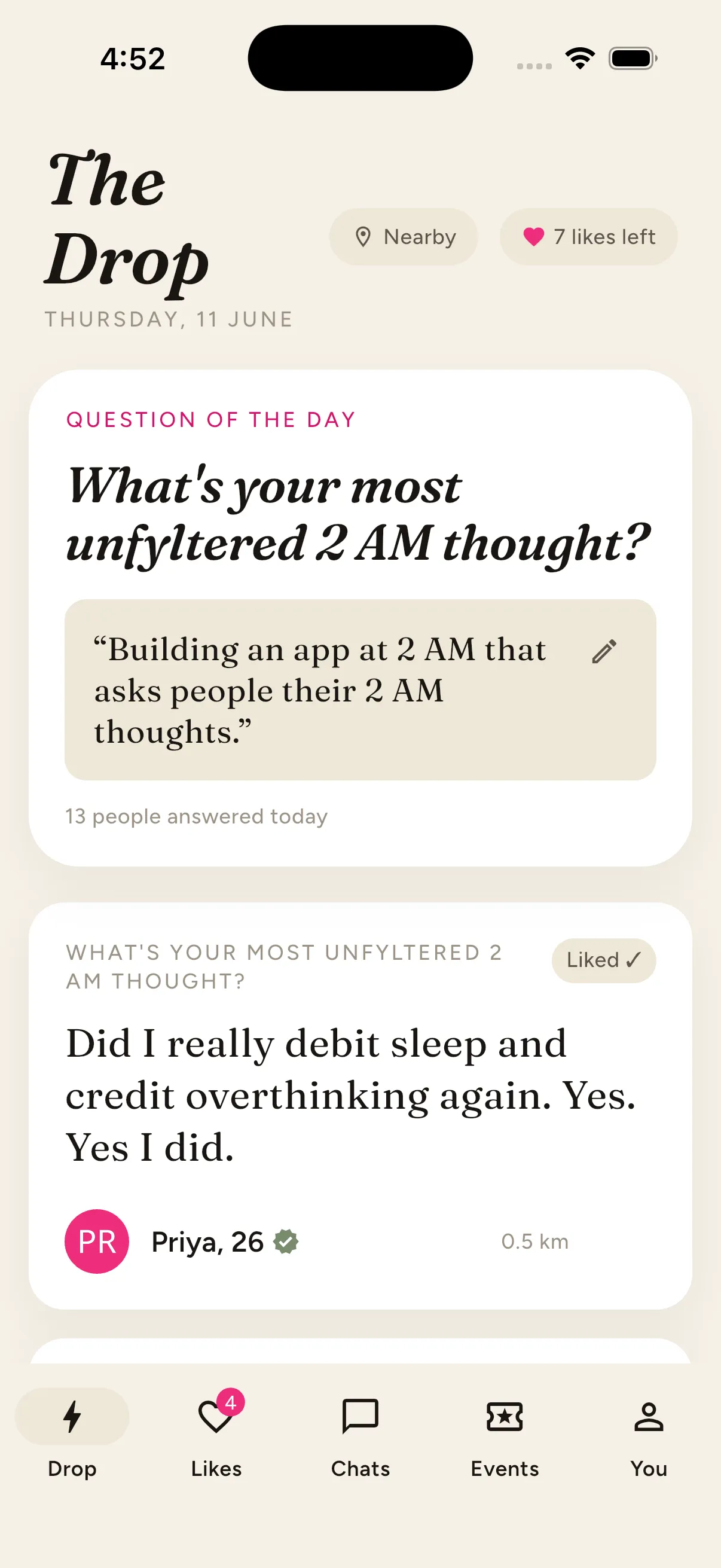 The Unfyltered app showing tonight's Drop — a wall of written answers to the Question of the Day
